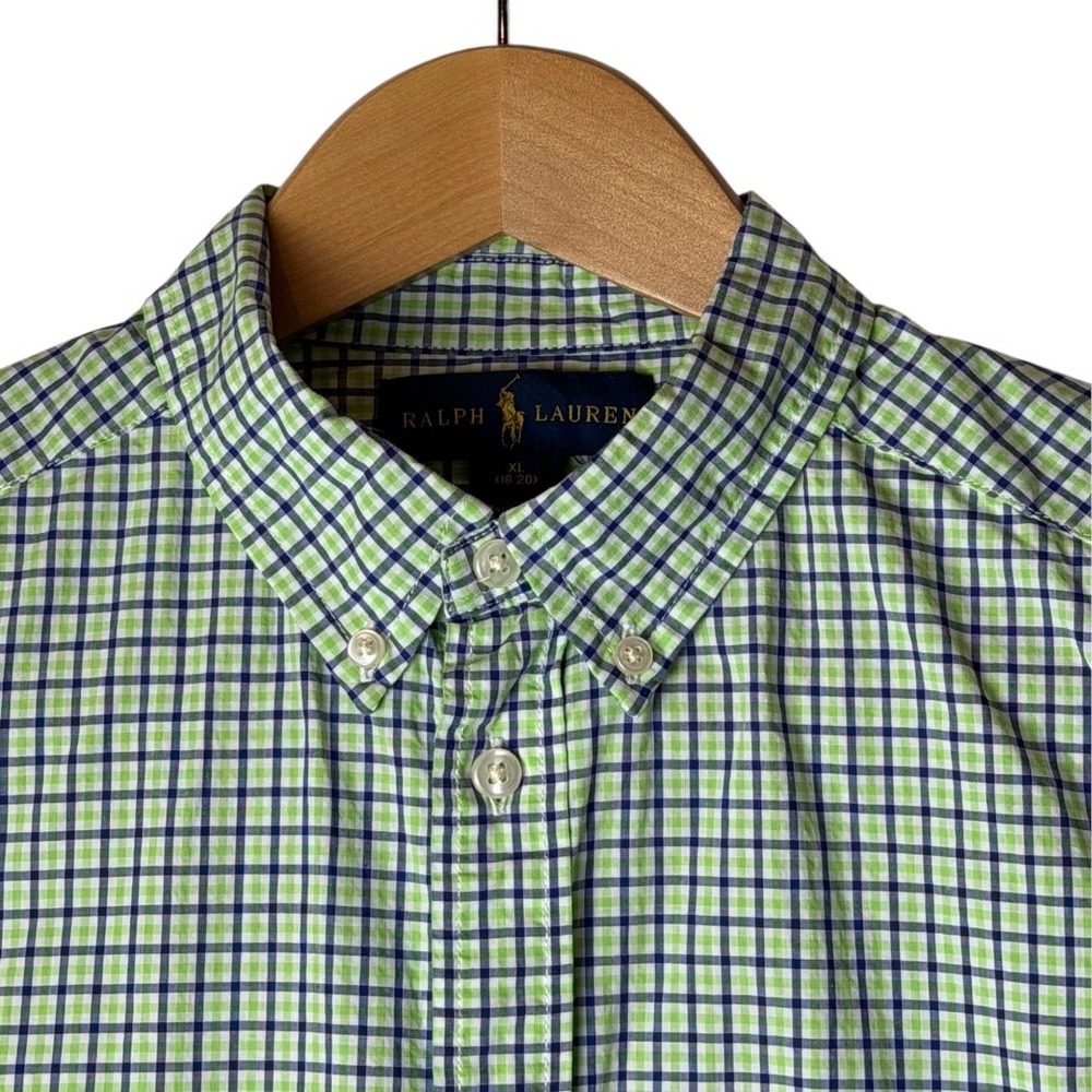 Ralph Lauren Button Down Shirt Kids XL Cotton Green Blue Gingham Plaid Preppy - Picture 4 of 10
